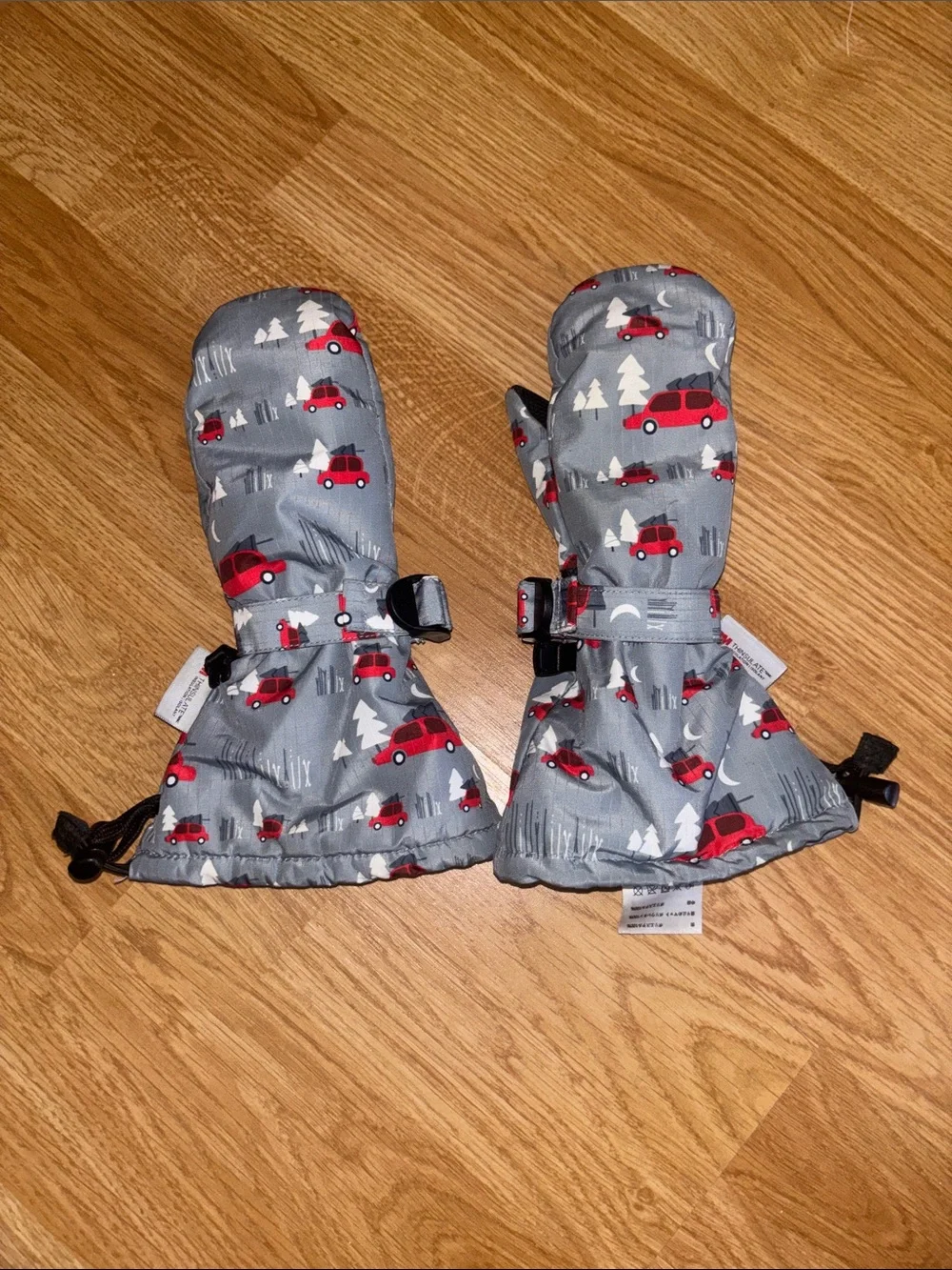 Kids Grey Mittens with Red Car Print - Cozy Winter Gloves - youth L